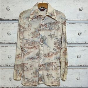 Vintage Levi’s 70s Western Scenic Print Polyester Button Up Shirt Cowboy Novelty